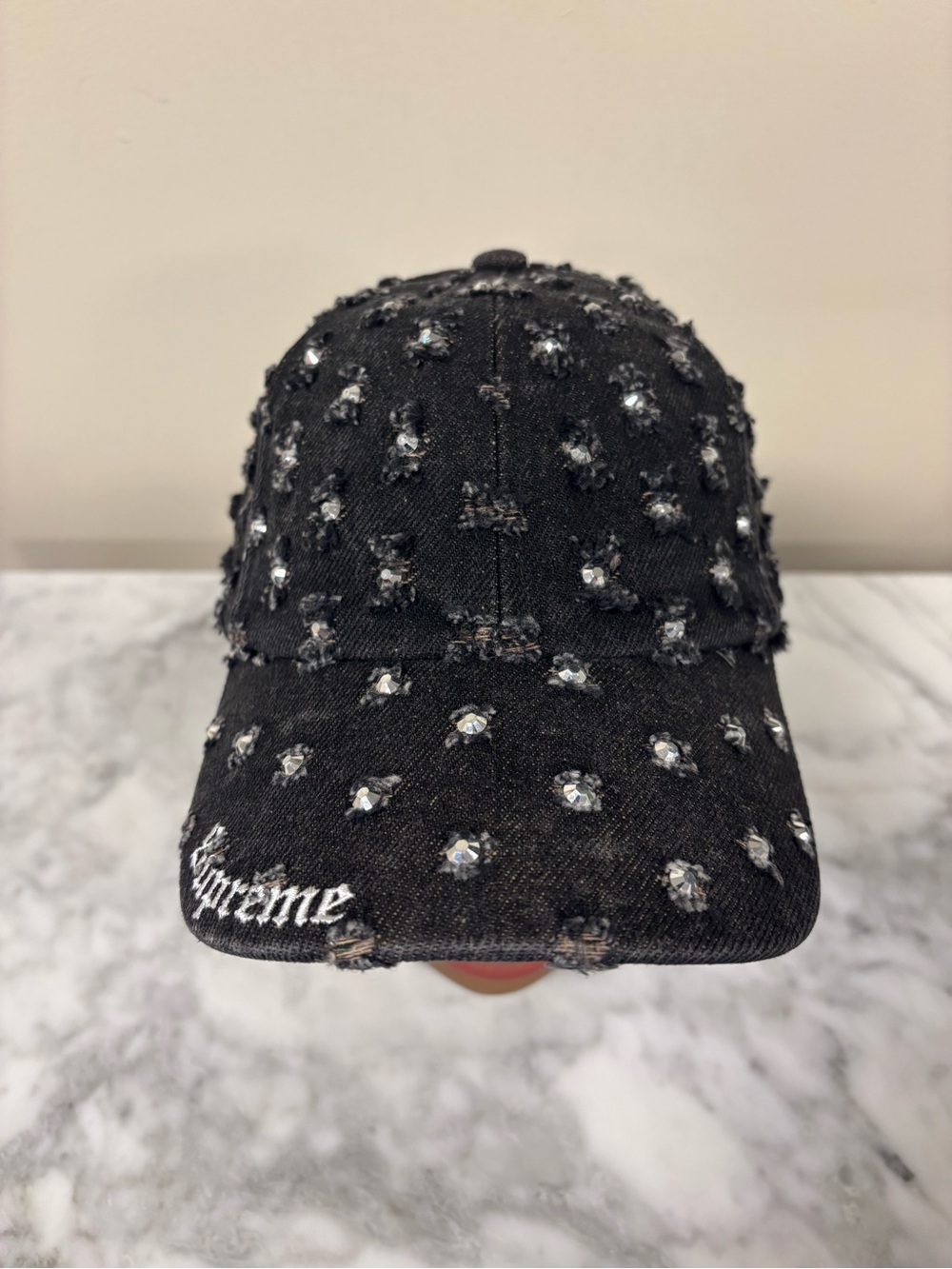 Supreme Black Crystal Stud Embellished Cap